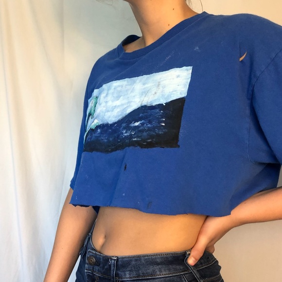 Wave painted cropped blue t-shirt - Picture 5 of 7